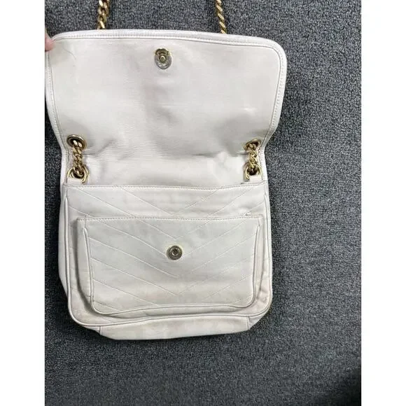 Saint Laurent YSL Bag Womens White Quilted Leather Chain Shoulder Chevron Purse - Picture 3 of 12